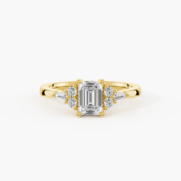 Yellow-gold emerald-cut ring with round cluster and tapered baguette side accents, front view, illustrative 18K Yellow Gold preview