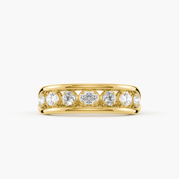Yellow-gold band with a row of round diamonds and polished borders, front view, illustrative 18K Yellow Gold preview