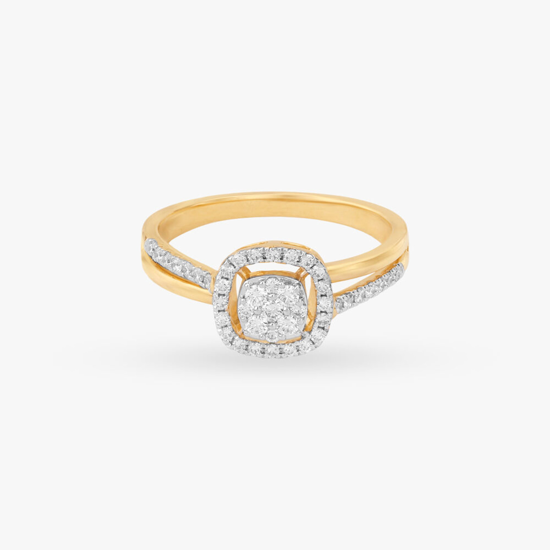 Cushion halo twist diamond ring from the front, illustrative 18K Yellow Gold preview