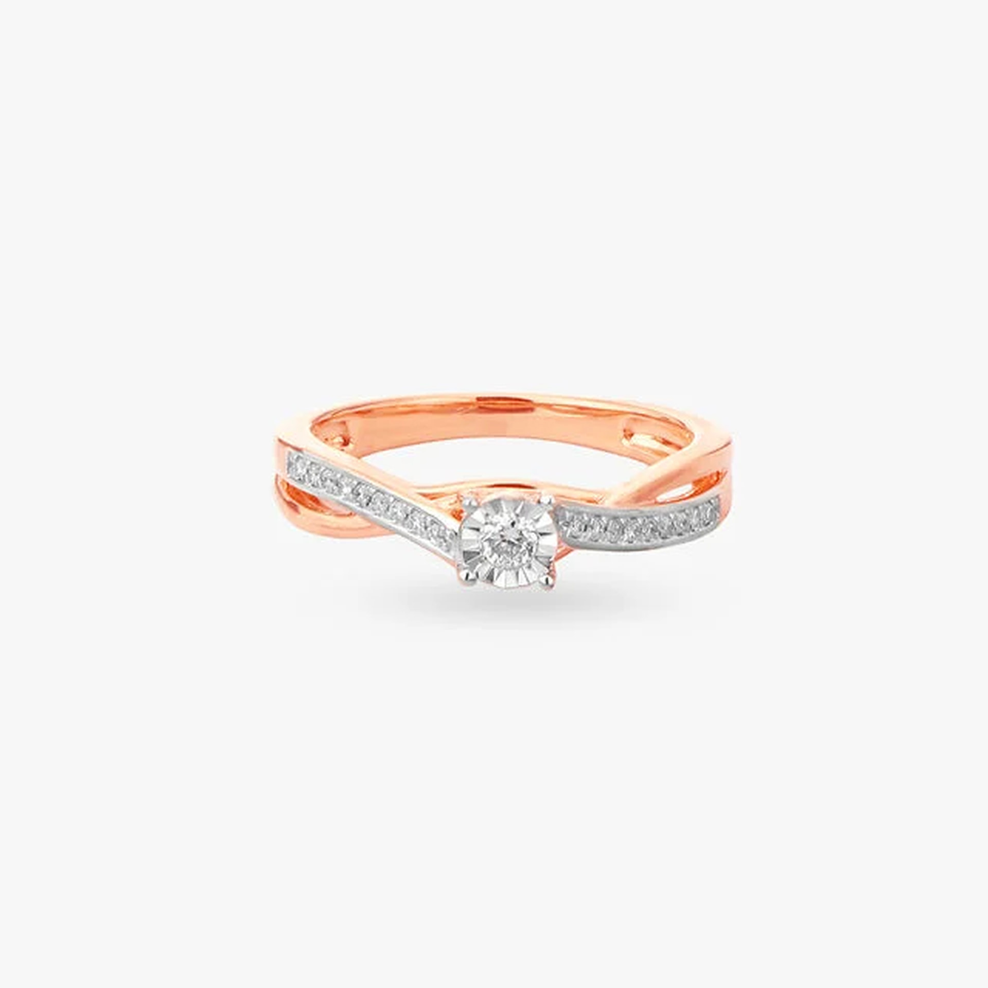 Rose-gold crossover solitaire ring from the front, illustrative 18K Yellow Gold preview