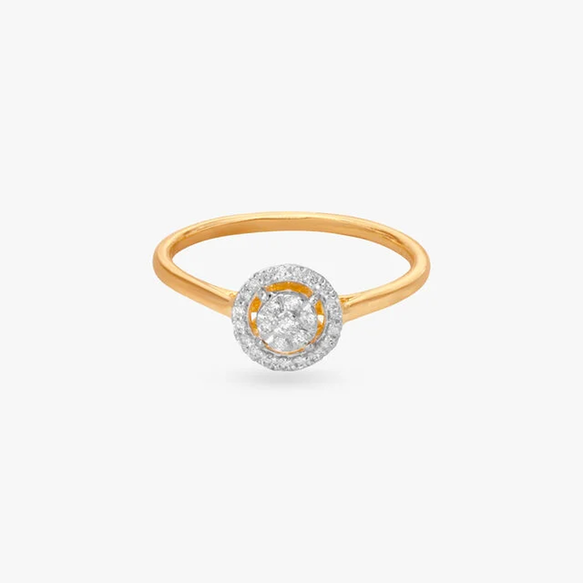 Yellow-gold halo diamond ring from the front, illustrative 18K Yellow Gold preview