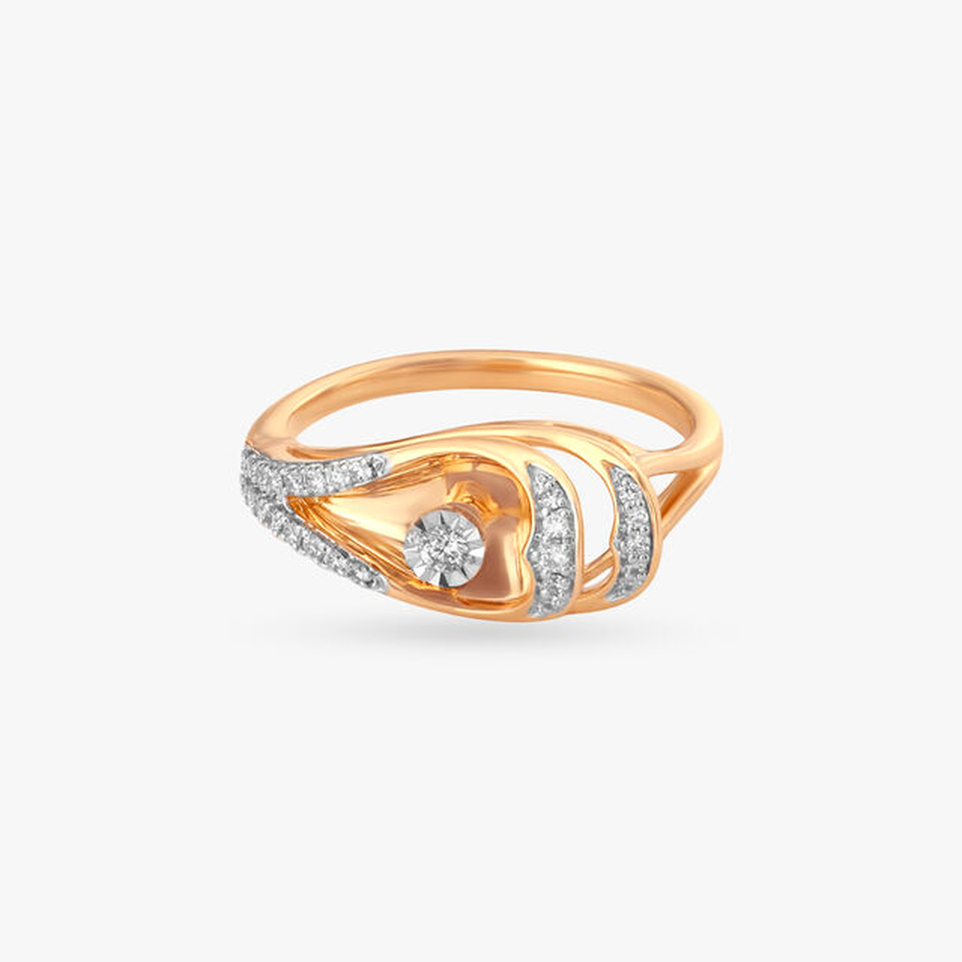 Rose-gold wave solitaire ring from the front, illustrative 18K Yellow Gold preview
