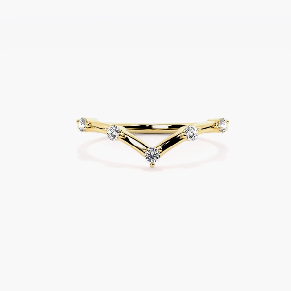 Yellow-gold V-shaped band with five spaced round diamonds, front view, illustrative 18K Yellow Gold preview