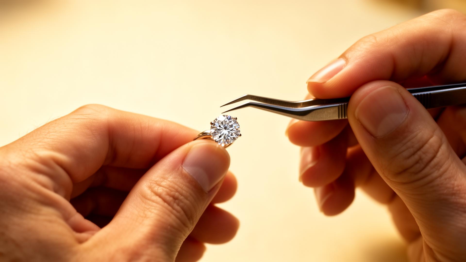An artisan jeweler examining a loose diamond with tweezers